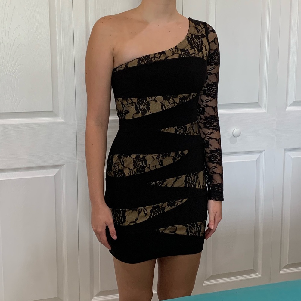 One shoulder black lace mini dress